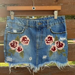 Denim Free People mini shirt with floral rose embroidery
